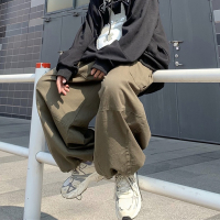 Korea studios 潮流ins日系复古宽松灯笼裤抽绳工装裤阔腿长裤男 军绿色 M