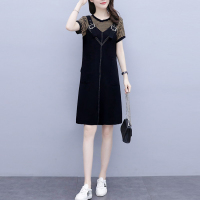 今年流行的大码裙子2021夏季新款宽松显瘦假两件短袖背带连衣裙女 卡其条纹 L