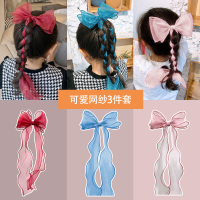 儿童飘带蝴蝶结编发绳扎头发彩带女童丝带头饰潮洋气公主发夹套装 17#红色可爱3件套(无金边)