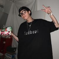 短袖T恤男士国潮夏季潮流宽松港风大码半袖日系潮牌情侣衣服男装 黑色 M