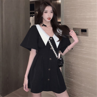 法式娃娃领小清新连衣裙女2021夏装新款复古收腰显瘦初恋小黑裙子 886显瘦黑 S