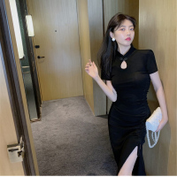 胖mm复古收腰蓝色连衣裙女夏2021新款大码女装抽绳侧开叉气质长裙 黑色 S码[建议80-90斤]