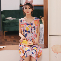 棉绸睡裙大码女式夏季加肥无袖人造棉睡衣加肥宽松绵绸睡裙女夏 粉momi熊 均码