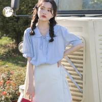 超仙娃娃领衬衫女设计感小众宽松学生百搭蝴蝶结系带仙气上衣夏季 天蓝色 S