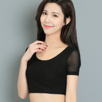 半截神仙网纱打底衫t恤女短袖夏薄款纱衣超短款低领内搭防晒上衣 黑色短袖 前双后单 XS S-80-90斤
