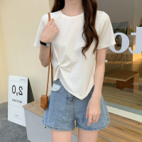 夏季2021年新款短款不规则别致薄款冰丝短袖T恤女装宽松上衣服潮 白色 M