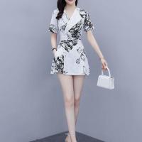 气质轻熟套装女2021夏季新款雪纺印花西装领连衣裙阔腿短裤两件套 白色[两件套] S 建议100斤内