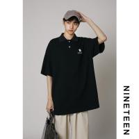 十九秋/2021夏季新款polo衫短袖T恤宽松休闲简约印花五分袖男女潮 黑色 S