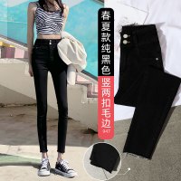 牛仔裤女裤子夏季薄款高腰显瘦黑色紧身小脚九分春秋季2021年新款 纯黑色/竖两扣毛边 25