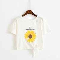 短袖女2021年新款夏季圆领t恤女ins潮宽松韩版小雏菊短款体恤衣 495#白色[绑带雏菊] M