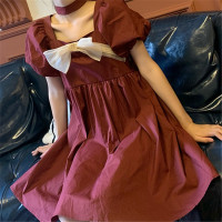 夏季2021新款复古法式设计感蝴蝶结收腰显瘦桔梗短袖连衣裙女裙子 酒红色 2XL 130-140