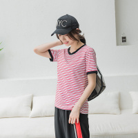 【断码特惠2件69元】大码女装2021夏法式遮肚藏肉显瘦上衣+下装 80926-条纹 大码L