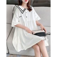 2021夏季韩版日系海军领T恤裙女宽松显瘦大码中长款短袖连衣裙潮 白色M