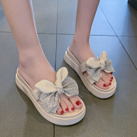 2021年新款厚底拖鞋女夏外穿ins仙女风超火松糕鞋增高百搭一字拖 米白色 35