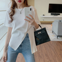 T恤女2021年新款夏季设计感小众宽松不规则开叉圆领显瘦短袖上衣 白色 M