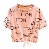 短袖t恤女装2021年夏季新款宽松抽绳收腰短款高腰小众上衣服ins潮 橘色字母T恤 M