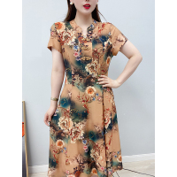 妈妈装气质裙子中老年女装改良式旗袍遮肚夏季民族风连衣裙过膝穿 黄底牡丹花 XL[90-105斤左右]