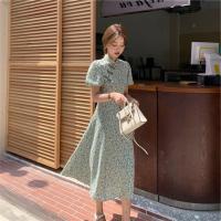 大码胖MM旗袍改良版连衣裙女复古温柔碎花裙2021新款夏天显瘦长裙 碎花绿 M[建议95-105斤]