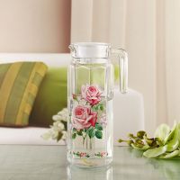 玻璃杯家用水具套装印花冷水壶果汁壶带把加厚耐热玻璃水具套装 粉色牡丹八角壶单壶