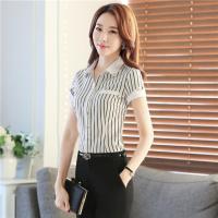 2019韩范时尚修身职业装衬衫女夏短袖条纹雪纺工作服正装百搭衬衣 白色 S