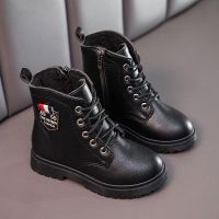 女童马丁靴2020秋冬季新款儿童短靴男童棉鞋加绒皮靴子小女孩冬鞋 V01黑色加绒 27码内长约16.1cm