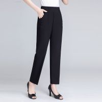 春夏季薄款中老年棉麻女裤宽松休闲直筒裤松紧高腰妈妈九分裤子 棉麻[黑色] L 85-100斤