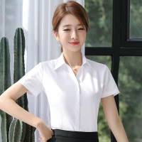 白衬衫女短袖职业2019新款韩版气质显瘦V领衬衣工装工作服正装夏 白色V领短袖 微弹面料 S