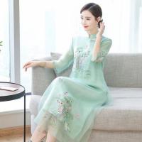 旗袍连衣裙2021女装春夏装汉服民族风复古宽松短袖A字裙中长裙 绿色0108# M