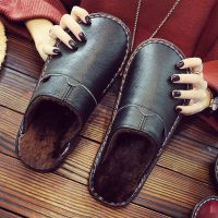 真皮拖鞋牛皮拖鞋女男冬室内保暖情侣毛毛厚底防滑皮拖鞋棉拖鞋女 黑色 25CM适合34-35码