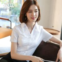 职业衬衫女白色短袖V领工作服2021新款夏白衬衣修身显瘦大码工装 白色V领[常规扣] 防走光,免烫 S 建议78-89斤