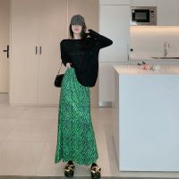 薄款半身裙2021女夏设计感重工印花高腰显瘦气质长裙鱼尾裙炸街裙 绿色长裙 S