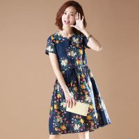 碎花棉麻连衣裙中长款2020新款夏韩版宽松大码女装胖MM收腰A字裙 藏青色 XL 135-145斤