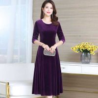 金丝绒连衣裙初秋装绣花新款女气质显瘦春季长袖改良版旗袍裙子 紫色 XL 90-105斤
