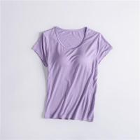 带胸垫半袖打底衫背心T恤女免文胸罩杯一体短袖瑜伽睡衣春夏秋季 紫罗兰 2XL 125-140斤