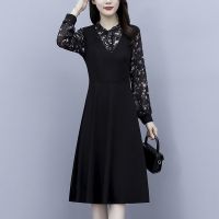 春季碎花雪纺拼接连衣裙2021新款大码女装胖mm百搭气质长袖中长裙 黑色碎花 优质面料 M 建议90-100斤