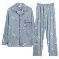 睡衣男长袖棉质春秋季睡衣男士秋冬款青中年薄款夏季天家居服套装 小麦 L 125斤