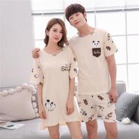 [两套价]韩版情侣睡衣女夏季薄款可爱韩版短袖睡裙男家居服套装 808米黄熊猫 单套:女裙M码80-100斤