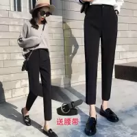 哈伦西裤女2021春季韩版小脚休闲裤百搭高腰学生烟筒九分西装裤女 纽扣小脚西裤[送腰带] S 75-90斤