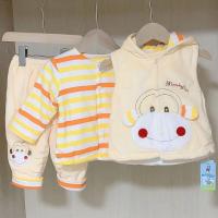 婴儿春季套装0-1岁男女宝宝儿童夹棉棉衣服马甲连帽套装 黄色大嘴猴三件套 73 建议6-9个月