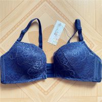 性感前扣蕾丝内衣女薄款小胸聚拢加厚收副乳上托无钢圈套装文胸罩 深蓝单件-[单件文胸] 32/70A