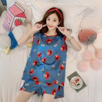 睡衣女夏冰丝短袖韩版清新学生性感背心家居服夏天可外穿两件套装 背心芝麻街蓝色[无胸垫] M