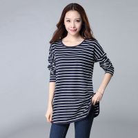 春秋季新款韩版大码女装长袖条纹连衣裙女外穿宽松圆领包臀中长裙 黑白色长袖001 L