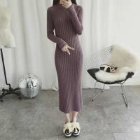 加长毛衣裙过膝2020新款秋冬款女装修身加厚冬季中长款打底连衣裙 豆沙色 S码80-95斤