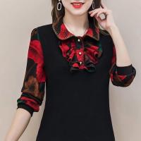 2021春季新款大码女装翻领宽松遮肚休闲时尚妈妈长袖小衫显瘦上衣 大红花 M [建议85-95斤]