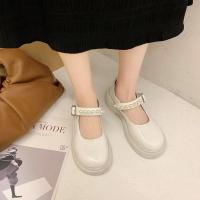 法系复古休闲英伦风小皮鞋2021新款珍珠仙女一字带底玛丽珍单鞋 白色 55
