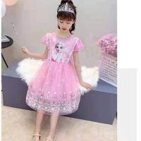 爱莎公主裙2021新款短袖夏装冰雪奇缘艾莎儿童连衣裙女童生日礼服 粉色-爱莎公主裙(只有衣服) 100 适合身高90厘米