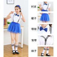 六一儿童合唱服背带裤演出服幼儿园毕业照学生合唱团朗诵表演服装 宝蓝色 女款 100CM 码