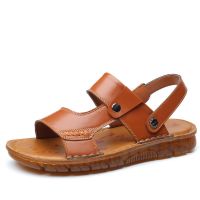 [头层牛皮]真皮男士凉鞋男夏季沙滩鞋男软底爸爸皮凉拖鞋牛筋底 黄色 01 头层牛皮 38 标准运动鞋码