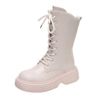 马丁靴女增高厚底中筒靴时尚系带靴子朋克漆皮短靴潮2021秋冬新款 米白色 35