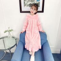 女童睡衣加绒秋冬款中大童法兰绒睡裙小孩家居服女宝宝珊瑚绒睡袍 睡衣-粉色 100 建议身高100左右